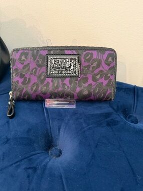 Coach Purple and Black Leopard Print Zip Wallet